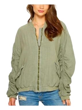 Free People Olive Green Ruched-Sleeve Bomber Jacket